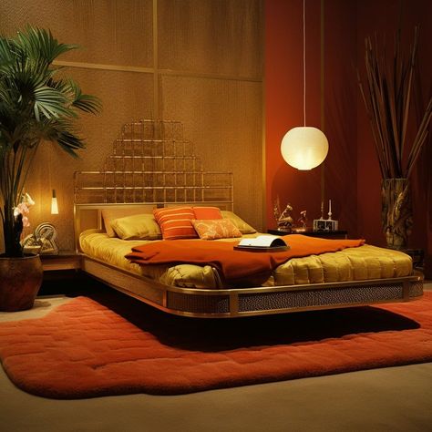 Luxury 70s Interior, Retro 70s Bed, Dark 70s Interior Design, Master Bedrooms 70s, 70s Hollywood Interior, Japanese 70s Interior, Retro 70s Bedroom Ideas, 70s Cozy Bedroom, 70s Glam Bedroom