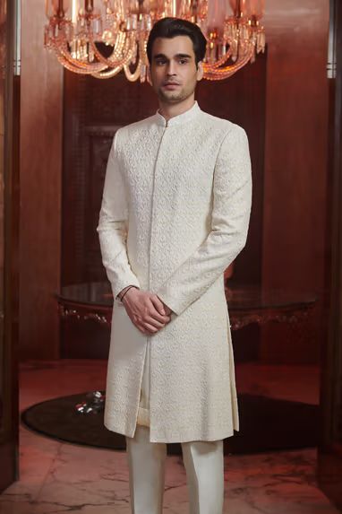 Sawan Gandhi, Sherwani Design, Raw Silk Embroidery, Sherwani For Men Wedding, Groom Dress Men, Groom Photoshoot, Sherwani Groom, Mens Sherwani, Sherwani For Men