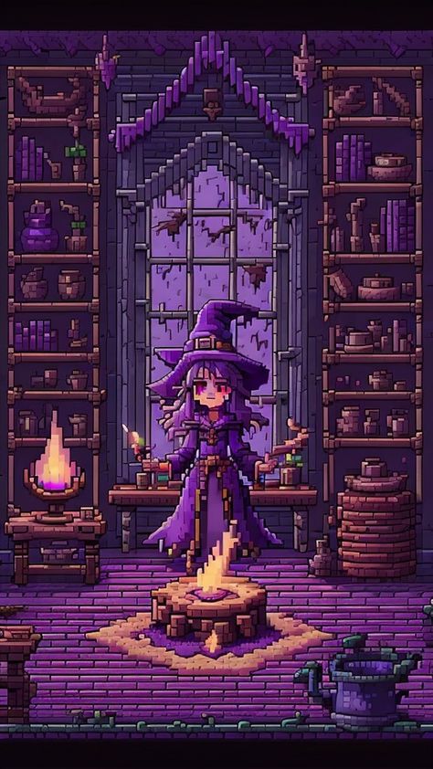 pixel art Pixel Witch, Witch Cabin, Purple Witch, House Wallpaper, Cabin Art, Cool Pixel Art, Magical Art, Witch House, Witch Art