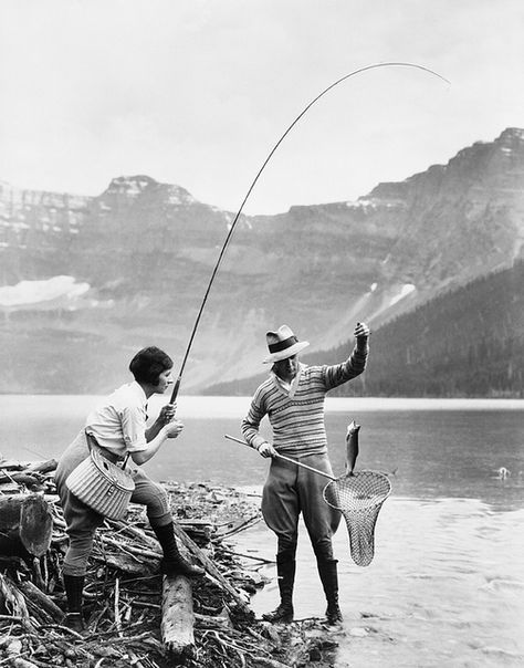 Marjorie Oliver and Vic Valentine catching a fish, Waterton Lakes National Park, Alberta, c. 1920s. #vintage #Canada #camping #fishing Waterton Lakes National Park, Men Fishing, Fishing Photos, Fishing Pictures, Catching Fish, Gone Fishing, Fish Camp, Vintage Fishing, Going Fishing