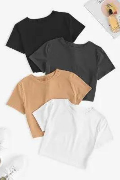 4pcs Plain Basic Cropped Tee All White Party Outfits, Women Tees, Casual Kimono, Slim Sweater, Style Basic, Crop Top Outfits, Cropped Tops, Cropped Tee, Crop Top Blouse