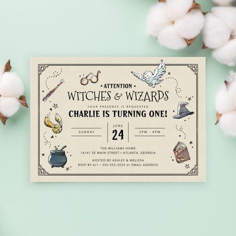 Harry Potter First Birthday, Harry Potter Invitation, Vintage Harry Potter, Rainbow Party Invitations, Harry Potter Invitations, Gender Neutral Invitations, Wizard Magic, Anniversaire Harry Potter, Harry Potter Birthday Party