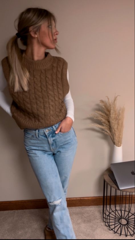 Fall Outfits With Sweater Vests, Light Brown Outfit Aesthetic, Thanksgiving Outfit Sweater Vest, Sweater Vest Photoshoot, Light Brown Sweater Vest Outfit, Sweater Vest Jeans Outfit, Brown Button Up Sweater Outfit, Tan Sweater Vest Outfits For Women, Chunky Sweater Vest Outfit