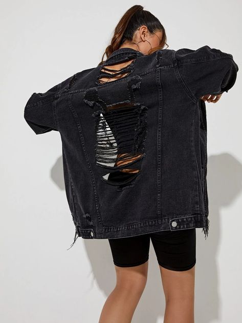 Drop Shoulder Ripped Denim Jacket | SHEIN USA Ripped Jacket, Ripped Denim Jacket, Long Denim Jacket, Denim Jacket Women, Ripped Denim, Denim Jackets, Denim Coat, Black Casual, Black Jacket