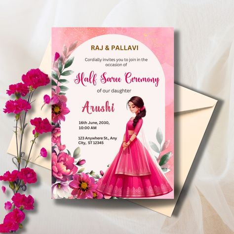 🌺✨ Embrace tradition with our exquisite Half Saree Ceremony Invitation Template! Whether you're celebrating a cherished milestone or honoring cultural heritage, this customizable template sets the perfect tone for your special day. 💃🎉 Simply personalize, share, and invite your loved ones to join in the joyous festivities! 🌸 #HalfSareeInvitation #ButterflyTheme #CelebrationReady ✨#HalfSareeInvitation #halfsareeceremony #pubertyfunction #pubertyceremony #pubertyinvitation #halfsareeceremonyinvi... Puberty Ceremony Invitation Card, Half Saree Invitation Card Design, Half Saree Function Invitation Cards, Half Saree Invitation, Half Saree Ceremony Invitation, Half Saree Ceremony, Traditional Half Saree, Saree Ceremony, Saree Function