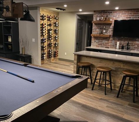 Sports Basement Ideas, Basement Pool Table Room Ideas, Basement Pool Table Room, Basement Pool Table, Bar Pool Table, Low Ceiling Basement, Pool Table Room, Faux Brick Walls, Faux Brick