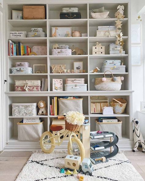 Floor-to-Ceiling Storage Shelves in White Playroom - Soul & Lane Bookshelf With Storage Bins, White Playroom, Creative Toy Storage, Bookshelf Inspo, White Shelving Unit, Toy Room Organization, Playroom Shelves, Playroom Makeover, Floor To Ceiling Bookshelves