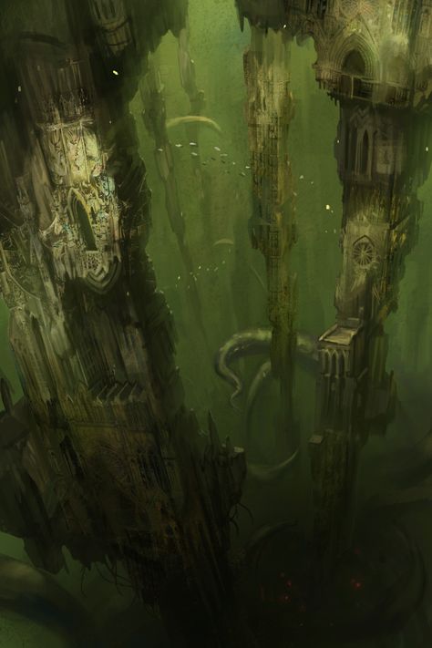 ArtStation - Ascendant city-depth, Sungwhooan Lee Lovecraft Art, Lovecraftian Horror, Underwater City, Cthulhu Mythos, Landscape Concept, Cosmic Horror, Fantasy City, Fantasy Setting, Fantasy Places