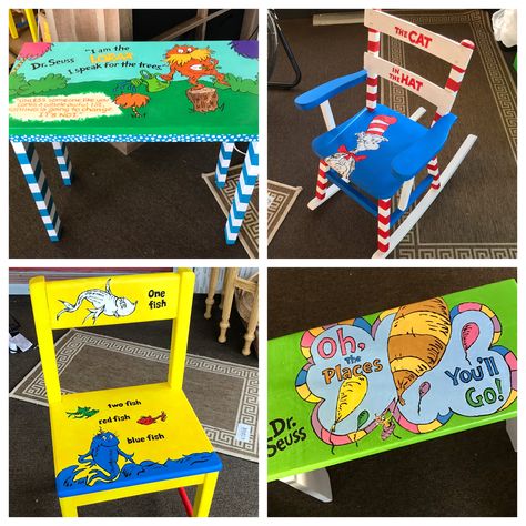 Dr Suess Painting, Dr Seuss Chairs, Teacher Stools, Dr Seuss Nursery, Time Out Chair, Painted Rocking Chairs, School Auction, Dr Suess, Painted Chair