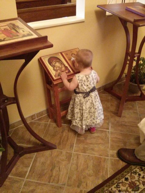 Children's icon stand or analogion  Per Kevin Basil Fritts: This photo is from St Anne Orthodox Church in Oak Ridge, Tennessee. The child-sized analogion was built by the rector, Fr. Stephen Freeman. Sounds Words, Oak Ridge Tennessee, Orthodox Catholic, Catholic Altar, Children Praying, Prayer Corner, Glory To God, St Anne, Eastern Orthodox