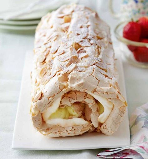 Lemon meringue roulade | Sainsbury`s Magazine Lemon Meringue Roulade, Lemon Roulade, Roulade Cake, Meringue Roulade, Mary Berry Recipe, Berries Recipes, Lemon Desserts, Lemon Meringue, Cake Roll