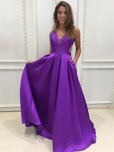 Minimalist Dress Formal, Purple Satin Prom Dress, Violet Prom Dresses, Purple Ball Gown, Purple Prom, Purple Bridesmaids, Prom Dresses With Pockets, Simple Prom Dress, Purple Bridesmaid Dresses