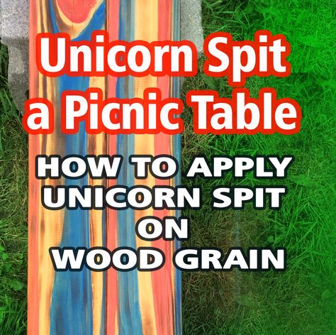 How to Unicorn Spit on a picnic table. Get amazing results!  If your a beginner I would advise looking into practice pieces before starting a project like this as it can take up to a 3 weeks to complete. Click for intro to Unicorn Spit Unicorn Spit is considered a gel stain and glaze in ONE bottle.  And believe me the bottle might be small, but it can be used in so many ways and can last over a year depending on how you use it! Although you can use Spit on many different surfaces!  Wood, glas Batman Furniture, Painted Picnic Tables, Wood Painting Techniques, Unicorn Spit Stain, Unicorn Paint, Diy Wood Stain, Hemp Yarn, Unicorn Spit, Kitchen Grill