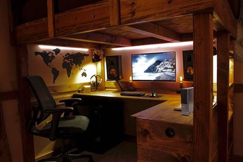 Under his loft bed setup! From redditor u/lucas_talbert Loft Bed Gaming Setup, Under Loft Bed Ideas, Desk Under Bed, Bed With Desk Underneath, Loft Bed Desk, Cool Loft Beds, Loft Desk, Bed Setup, Small Game Rooms