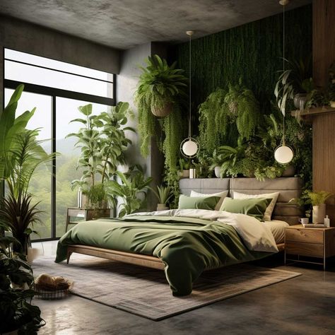 Green Earth Tone Bedroom, Moss Green Bedroom, Plant Bedroom, Botanical Bedroom, Hanging Greenery, Forest Bedroom, Large Bed, Wicker Armchair, Natural Bedroom