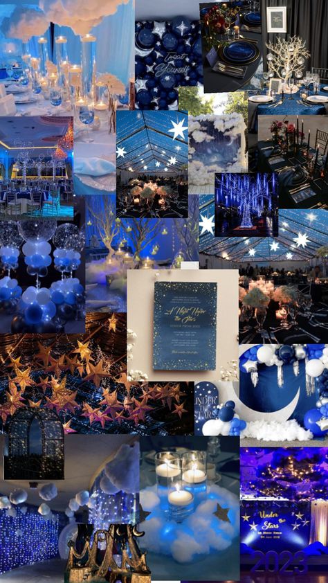 Semi Formal Themes, Prom Themes Starry Night, Under The Stars Quinceanera Theme, Hollywood Theme Party Decorations, Starry Night Prom, Celestial Wedding Theme, A Night Under The Stars, Blue Sweet 16, Sweet Sixteen Birthday Party Ideas