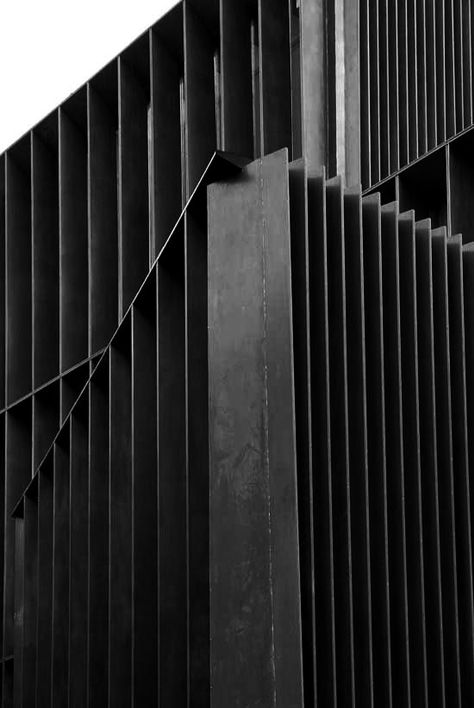 | DETAILS | Vertical #black #fins meets #architectura; #texture of #black meets #shadows Steel Door Detail, Black Architecture, Steel Architecture, Building Skin, Kentish Town, Metal Facade, Coban, Exterior Cladding, Brutalist Architecture