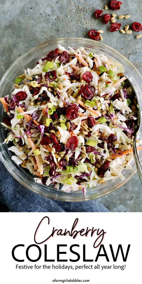 This Cranberry Coleslaw is a festive fresh side dish that's perfect for the holidays or absolutely any time of year. With dried cranberries and sunflower kernels, plus a lightly creamy dressing that's tangy from red wine vinegar, it's one of the very best coleslaw recipes out there! Cranberry Coleslaw, Healthy Holiday Side Dishes, Maple Syrup Recipe, Best Coleslaw Recipe, Coleslaw Recipe Easy, Coleslaw Salad, Holiday Side Dish, Cranberry Salad, Vegetarian Side Dishes