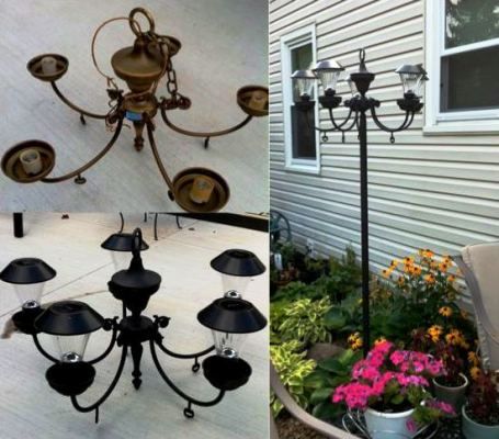 Great idea for making an outdoor light with an old chandelier and solar lights...I see another project in my future!  :-) Recycled Chandelier, Solar Chandelier Diy, Solaire Diy, Solar Chandelier, Solar Light Crafts, Flea Market Gardening, Solar Lighting, Vintage Light Fixtures, Outdoor Crafts