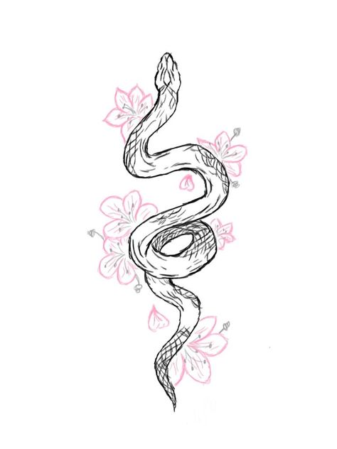 Snake Cute Tattoo, Tattoo Design Drawings Snake, Snake With Cherry Blossom Tattoo, Snake With Lotus Tattoo, Snake On Neck Tattoo, Snakes On Back Tattoo, Thigh Drawings Tattoo, Small Tattoo Ideas Drawings, Snake Back Tattoo Women Spine