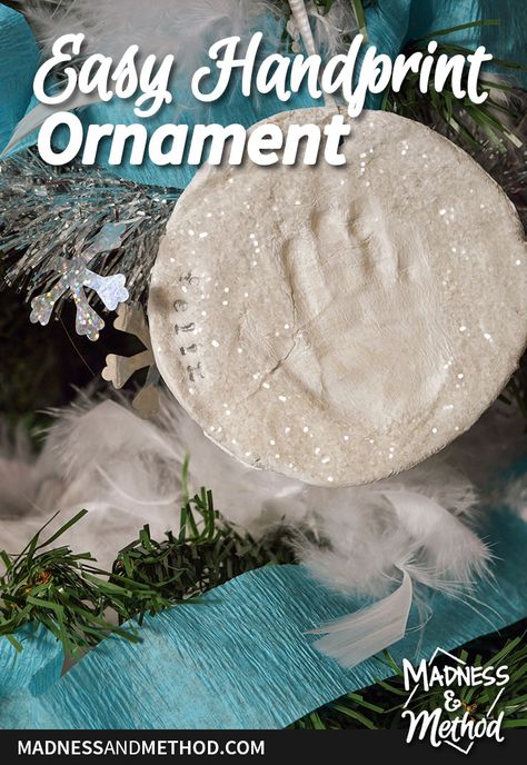 Clay Handprint Ornament, Model Magic Handprint Ornaments, Air Dry Clay Handprint, Hand Print Ornament Baby, Air Dry Clay Ornaments Handprint, How To Make Dough Ornaments Hand Prints, Marshmallow Clay, Clay Handprint, Air Dry Modeling Clay