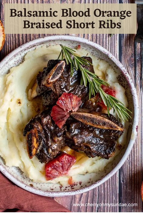 These balsamic blood orange braised short ribs are the perfect #valentinesdaydinner plus they're easy to prepare! #romanticdinner #shortribs #beefrecipe #weeknightdinner #dinnerideas #bloodorange Balsamic Short Ribs, Orange Cauliflower, Creamy Mashed Cauliflower, Orange Honey, Skillet Dishes, Seared Steak, Braised Short Ribs, Tender Beef, Beef Cuts