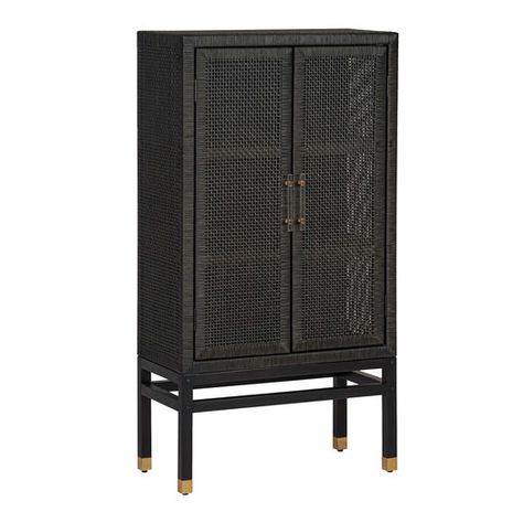 Cane Storage Cabinet, Lucite Hardware, Black Armoire, Den Furniture, Rattan Cabinet, Narrow Cabinet, Rattan Design, Rattan Cane, Furniture Storage Cabinets