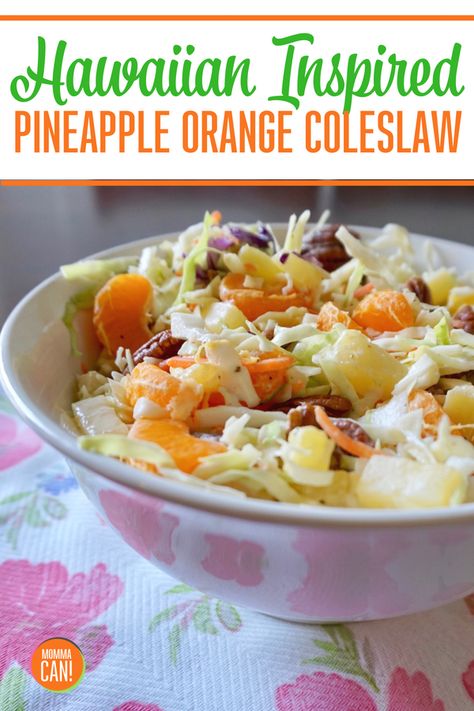 You gotta try this amazing Hawaiian Inspired Pineapple Coleslaw Recipe This pineapple, mandarin orange, cabbage slaw is a perfect side dish for Picnics and BBQ . #hawaiian #coleslaw #recipe #oranges #cabbage Hawaiian Coleslaw Recipe, Hawaiian Coleslaw, Pineapple Coleslaw Recipe, Pineapple Coleslaw, Picnic Side Dishes, Slaw Recipes, Cabbage Slaw, Coleslaw Recipe, Hawaiian Food