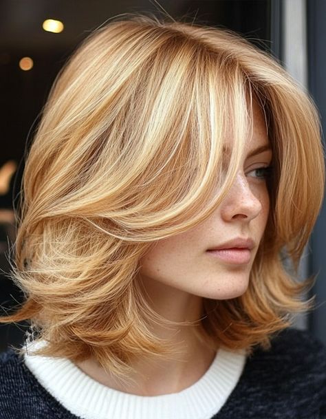 Layered Bob Haircut, Golden Blonde Layered Lob Golden Blonde Bob Hairstyles, Short Layered Blonde Hairstyles, Hair 2024 Fall Trends, Strawberry Blonde Shoulder Length Hair, Strawberry Blonde Hair Bob, Voluminous Bob Haircut, Warm Lowlights For Blondes, Blonde Bob With Layers, Short Layered Blonde Hair