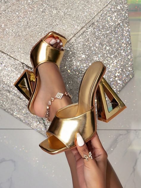 Golden High-Heeled Mules With Unusual Heels, Trendy And Versatile Summer New Slipper Sandals For WomenI discovered amazing products on SHEIN.com, come check them out! Golden Heels Wedding, Heels Trendy, Unique Heels, Pretty Sandals, High Heel Dress, Shoes High Heels, Wedding Shoes Heels, Woman Shoes, Womens Shoes High Heels