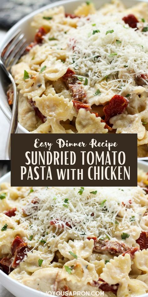 Sundried Tomato Pasta with Chicken - easy Italian pasta dinner! Creamy pasta combined with sundried tomatoes and chicken, topped with parmesan cheese. Easy comfort food recipe for busy days. Pasta And Sundried Tomatoes Recipes, Pasta With Sun Dried Tomatoes Recipes, Pasta With Sundried Tomatoes And Spinach, Chicken And Sundried Tomato Recipes, Sundried Tomato Pasta Chicken, Pasta With Chicken And Sundried Tomatoes, Chicken And Sun Dried Tomatoes Pasta, Sun Dried Tomatoes Recipes, Chicken Bacon Sundried Tomatoes Pasta