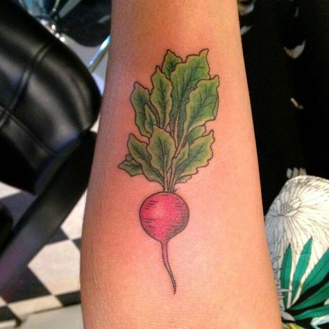 Colored Radish tattoo design Radish Tattoo, Sarah Smiles, Taboo Tattoo, Tattoo 2024, Garden Tattoos, Arm Tats, Food Tattoos, Garden Tattoo, Body Modification