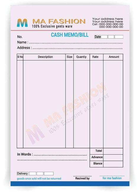 Boutique Bill Book Format, Cash Memo Bill, Cash Bill Format, Cash Memo Format, Sales Invoice Design, Business Invoice Design, Invoice Design Template Free, Cute Invoice Design, Invoices Design