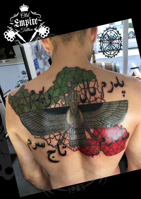 More on this #BackPiece #Farvahar on the #Iran #Map with its #Mosaics #Tiles inspired background which will be filled with #Iranian #Flag following up along side #Persian #Farsi #Script #OldEmpireTattoo #InkLife #Coils4Life #LittleHulton Iran Map Tattoo, Farvahar Tattoo, Empire Tattoo, Persian Tattoo, Map Tattoos, Back Pieces, Dragon Tattoo, Iran, Polynesian Tattoo