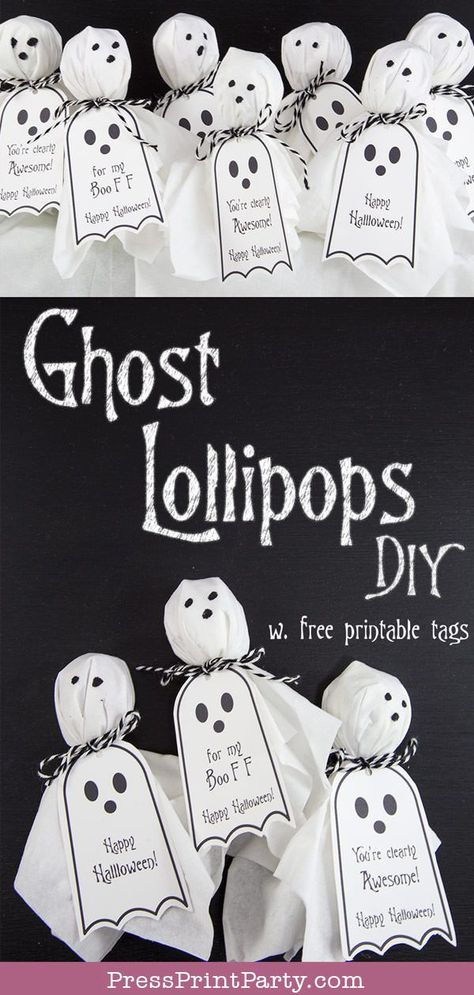 GHOST LOLLIPOPS w. FREE HALLOWEEN TAGS- Free printable Halloween tags for your ghost lollipop craft. Easy & fun DIY. Great gift idea to give to classmates at school. Perfect favors for your Halloween party. Free ghost template. Fun handmade Halloween treats. You're clearly the best, Happy Halloween, For my Boo FF. #halloween #tags #diy #craft by Press Print Party! Lollipops Diy, Ghost Lollipops, Lollipop Craft, Ghost Template, Printable Halloween Tags, Imprimibles Halloween, Dekorasi Halloween, Free Printable Halloween, Dulces Halloween