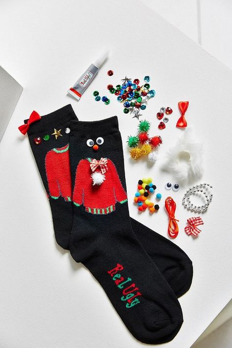 Pin for Later: 73 Uplifting Holiday Gifts DIY Ugly Sweater Sock Kit DIY Ugly Sweater Sock Kit ($24) Diy Ugly Sweater, Sock Party, Christmas Socks Exchange, Sock Diy, Ugly Christmas Socks, Socks Exchange, Ugly Socks, Ugly Christmas Sweater Outfit, Socks Diy