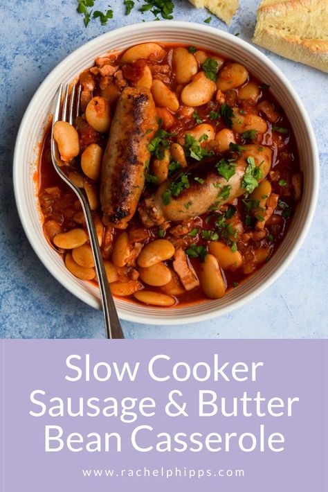 This hearty Slow Cooker Sausage & Butter Bean Casserole recipe is perfect for lazy autumn suppers, served with lots of crusty bread and a generous sprinkling of flat leaf parsley. Butter Bean Casserole, Sausage Casserole Slow Cooker, Halloween Supper, Sausage And Bean Casserole, Sausage Slow Cooker, Slow Cooker Sausage, Slow Cooker Times, Sausage Casserole, Food Time