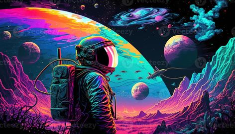 Generative AI, Psychedelic Space banner template, nostalgic 80s, 90s background. Horizontal illustration of the future landscape with mountains, planets, trees, moon. Surrealist escapism concept. Desktop Wallpaper Simple, Future Landscape, 90s Background, Horizontal Illustration, Vintage Space Art, Wallpaper Horizontal, Landscape With Mountains, Space Banner, Background Horizontal