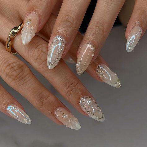 🐚 𓂃. 𓈒 𓂂 𓈒꙳⋆ @amys.clients recreation 🤍 #nailinspo #naildesign #vancouvernails #nailart #summernails #gelxinspo Nails Art Summer 2024, Textured Nail Designs, Nails Inspo Design, Simple Gel X Nails, Ateez Nail Art, Korea Nails Design, Oyster Nails, Ethereal Nails, 3d Chrome