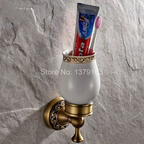 Antique Brass Carved Flower Pattern Toothbrush Holder with Single Ceramics Cup Wall Mounted Bathroom Accessories aba497 Ceramic Toothbrush Holder, Tumbler Holder, Wall Mounted Toothbrush Holder, Toothbrush Holder Wall, Hair Dryer Holder, Spiral Shape, Bath Accessories Set, European Antiques, Bathroom Accessory Set