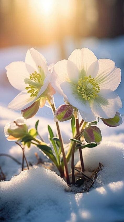 A couple of white flowers that are in the snow, beautiful winter hellebores. stock photography Hellebore Flower Drawing, Winter Flowers Aesthetic, February Photography, Flowers In Snow, January Flowers, Winter Botanicals, Winter Flowers Garden, Hellebore Flower, Snow Garden