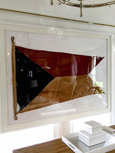 Flag Interior Design, Nautical Cornice Board Ideas, Vintage Flag Decor, Framed Flags Ideas, Moss Room, Flag Frame, Vintage Nautical Decor, Nautical Interior, Boston Design