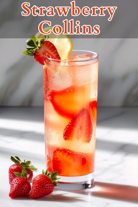 The Strawberry Collins is a refreshing cocktail that combines gin, lemon juice, strawberry puree, and grenadine, topped with club soda. Strawberry Gin, Gin Lemon, Refreshing Cocktail, Tom Collins, Gin Cocktail, Strawberry Puree, Club Soda, Lemon Juice, Gin