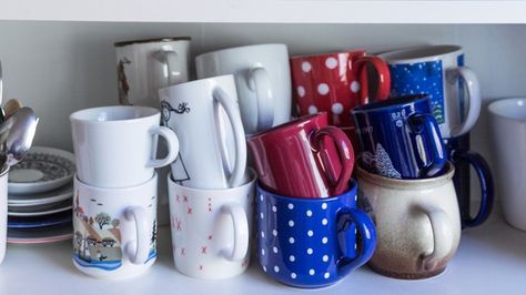 Learn how to create a DIY cabinet storage for your coffee mugs. This easy, quick DIY will help organize your coffee mug collection to free up cabinet space. Diy Cabinet Storage, Pot Rail, Coffee Mug Storage, Coffee Cup Storage, Inside Kitchen Cabinets, Beautiful White Kitchens, Coffee Mug Collection, Mug Storage, Diy Cabinet