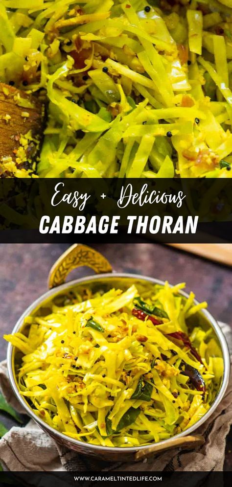 Cabbage Thoran is a delicious Kerala-style recipe for cabbage fry. Served at a traditional Onam Sadya (vegetarian feast), it is a home-style recipe for stir-fried cabbage spiced with whole spices. Best served with matta rice (parboiled Kerala red rice). Cabbage Thoran Kerala, Indian Fried Cabbage, Cabbage Fry Indian, Cabbage Recipe Indian, Cabbage Indian Recipes, Indian Cabbage Recipes, Cabbage Indian, Cabbage Fry, Cabbage Recipes Indian