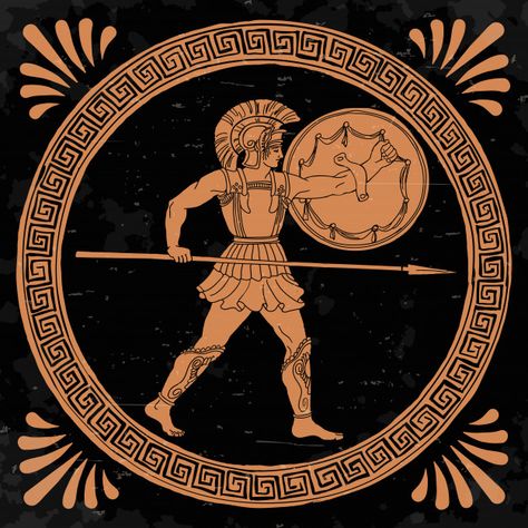 Ancient Greek Warrior, Ancient Greek Vase, Spear And Shield, Ancient Greece Art, Greek Soldier, Greek Vase, Greece Mythology, Ancient Greek Pottery, Greek Mythology Tattoos