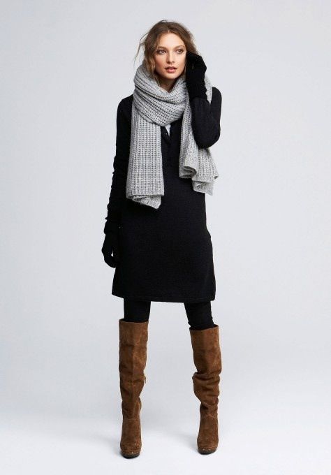 black dress, gray scarf, black tights, brown boots Womens Health Magazine, Scarf Trends, Mode Casual, Trend Forecasting, 가을 패션, Fashion Mode, Looks Style, Mode Inspiration, Fall Winter Outfits