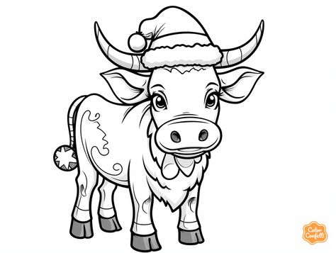 illustration of Adorable Christmas cow Christmas Coloring Page, Cow Coloring Pages, Mandala Turtle, Cow Christmas, Christmas Cow, Christmas Coloring, Fantasy Fairy, Farm Yard, Winter Fun