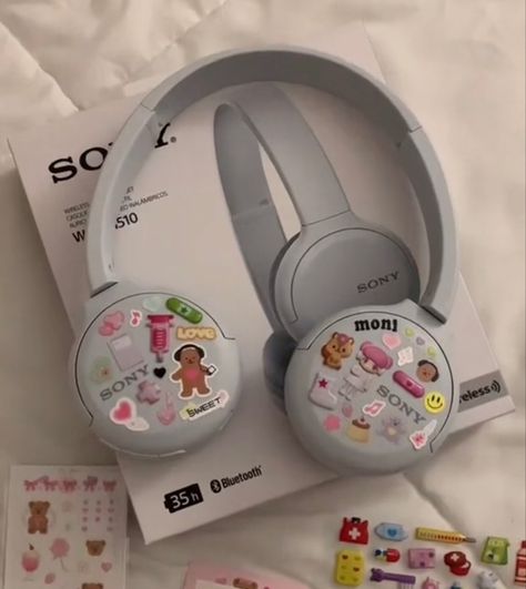 Headphones With Stickers, Sony Headphones, Headphones, Bed