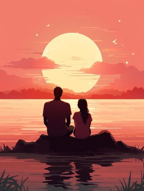 Photo un couple s'assoit sur un rocher e... | Premium Photo #Freepik #photo #illustration-couple #silhouette-amour #amour-romantique #silhouette-couple Illustration Couple, Art Amour, Image Couple, Couple Silhouette, Couple Painting, Photo Couple, Photo Illustration, Premium Photo, Couple Goals